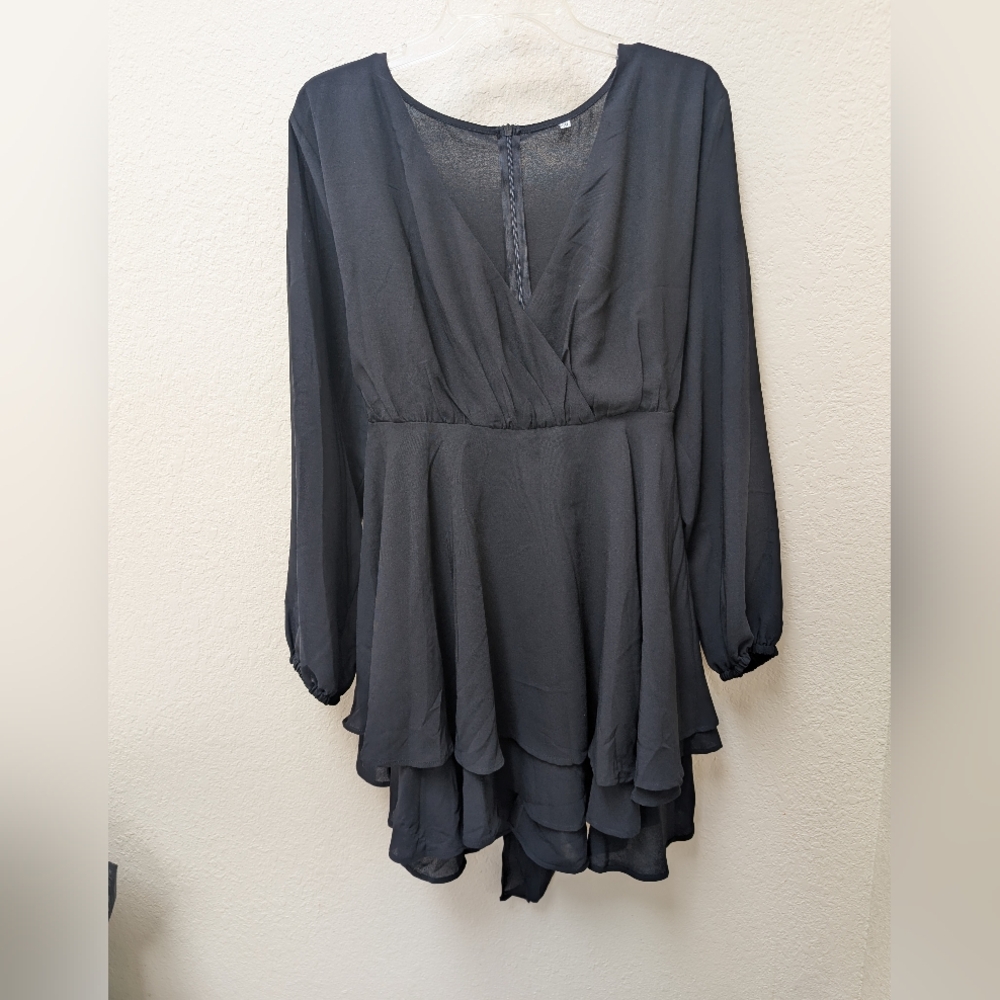 Women's Elegant Black Long Sleeve Ruffled Mini Cocktail Dress Size 2XL
